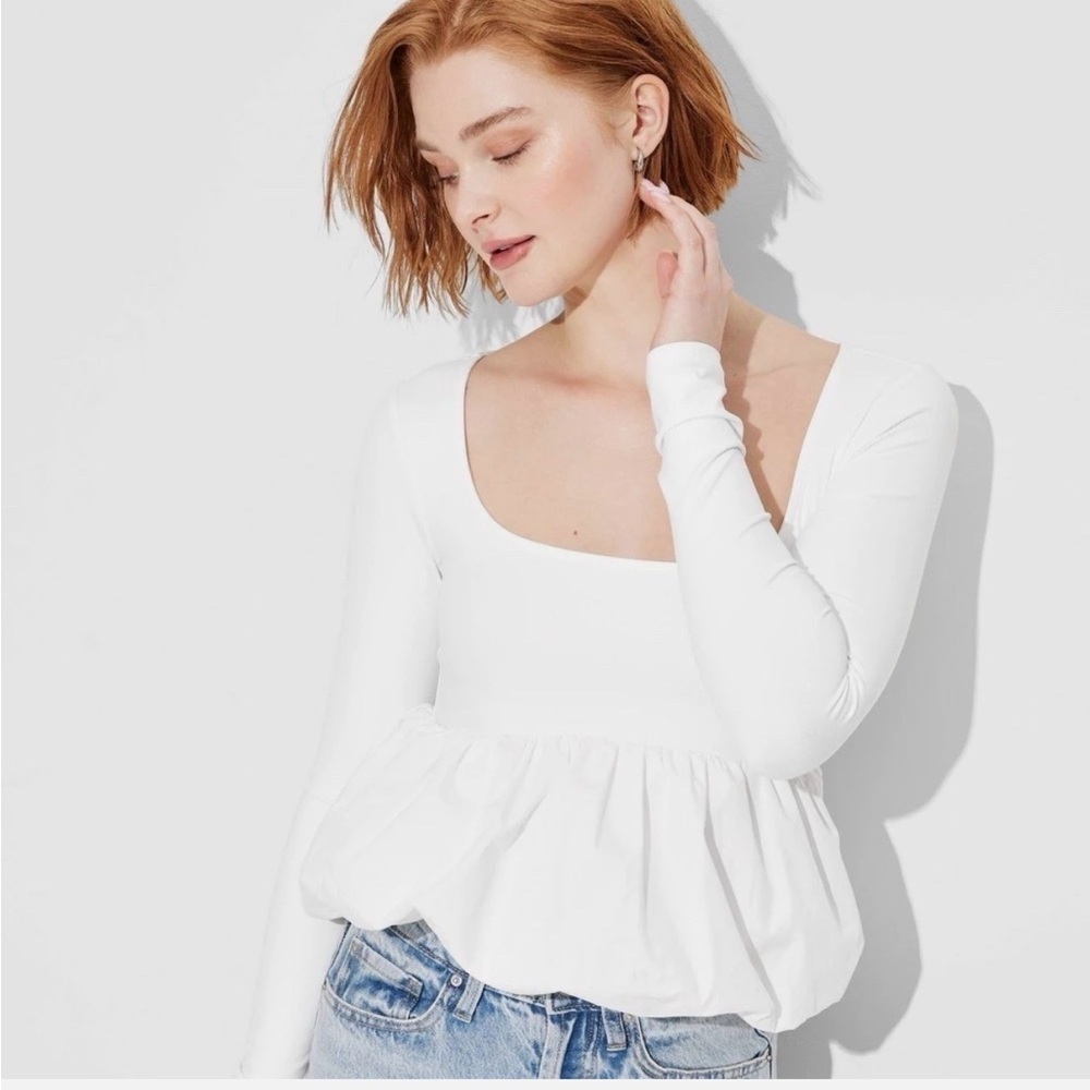 wild fable White Long-Sleeve Peplum Square-Neck Top